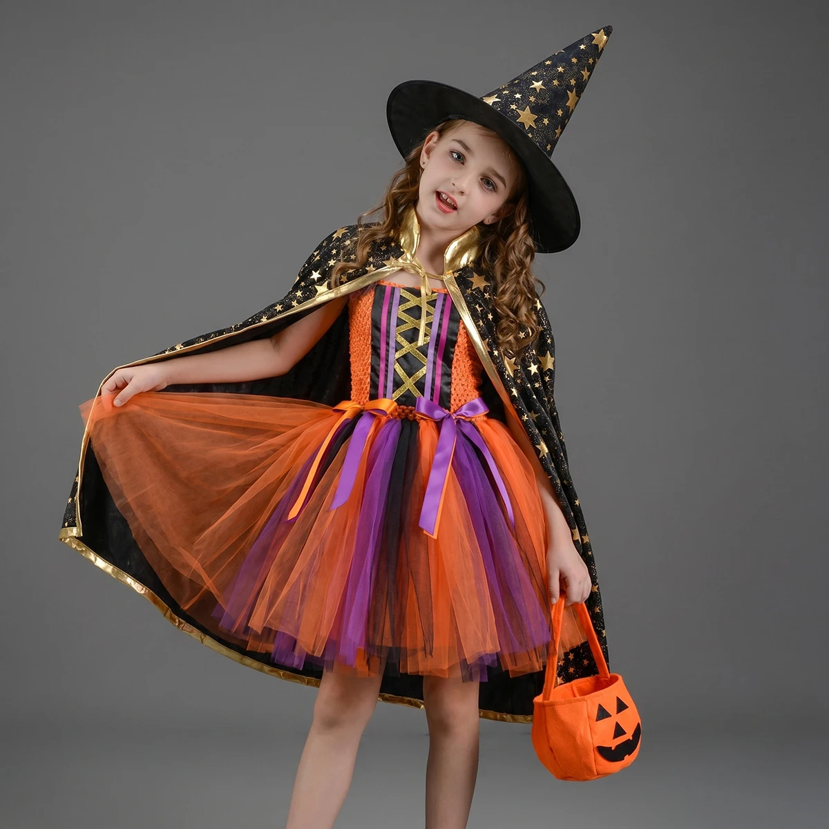 Girl's Magical Witch Costume Handmade Tutu Dress with Cape & Hat Cute Spooky Witch Outfit for Girl Halloween Party Clothes