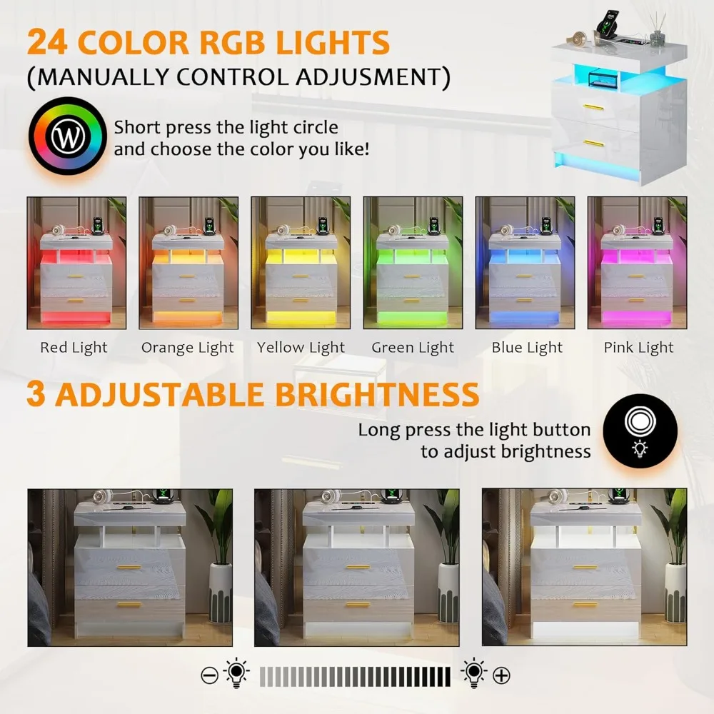 منضدة LED بيضاء حديثة مع منفذ شحن وإضاءة مفعلة بمستشعر وأدراج تخزين مزدوجة