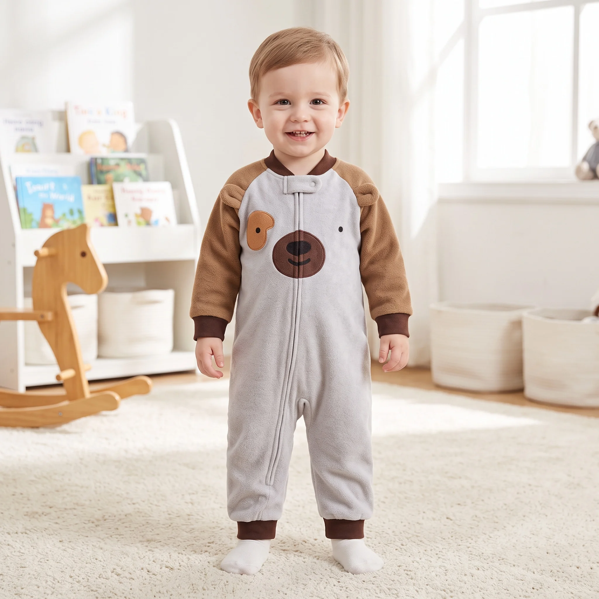 Infant Boys Raglan Contrast Sleeve Polar Fleece Zip Romper Cartoon Face Embroidery with 3D Ears Warm Autumn Winter Baby Jumpsuit