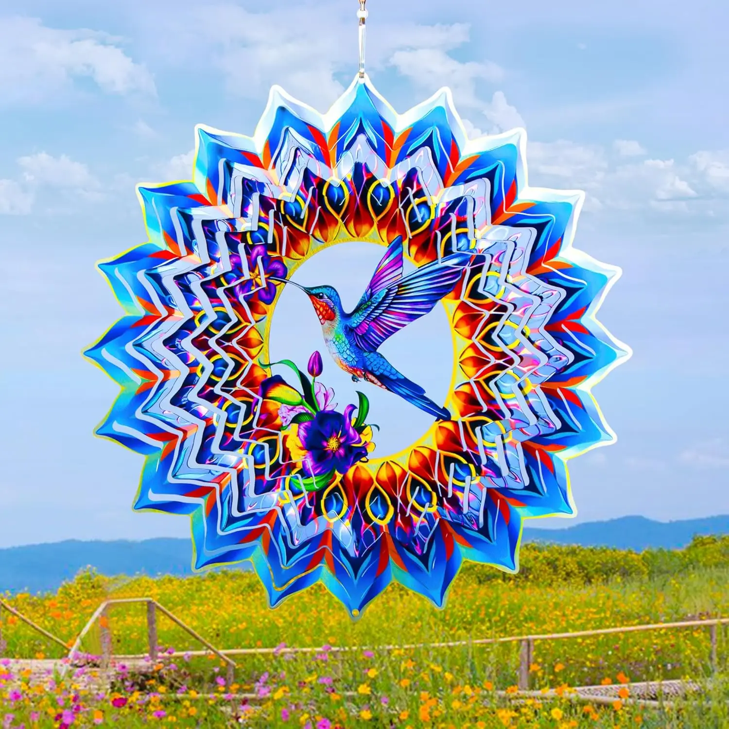 

3D Hummingbird Wind Spinner for Outdoor Garden Decor, Stainless Steel Hanging Sculpture, 15.7 Inch Indoor/Outdoor Use