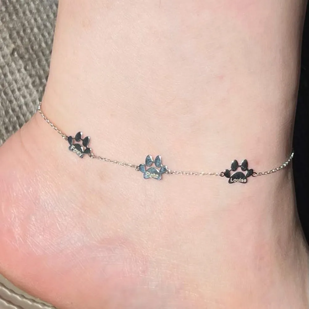 Custom Paw Anklet Stainless Steel Jewelry Personalized Engrave Dog Paw Print Name Anklet Pet Initial Foot Bracelet For Women Men