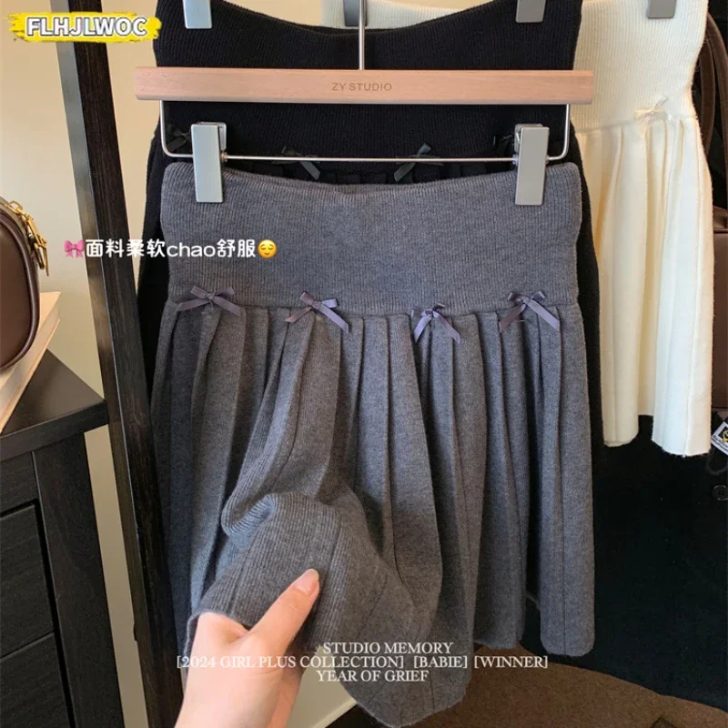 Autumn Winter Knit Sweater Skirts Women Preppy Style Japan Girls Cute Sweet A Line Skirt Elastic Waist Bow Pleated Mini Skirt