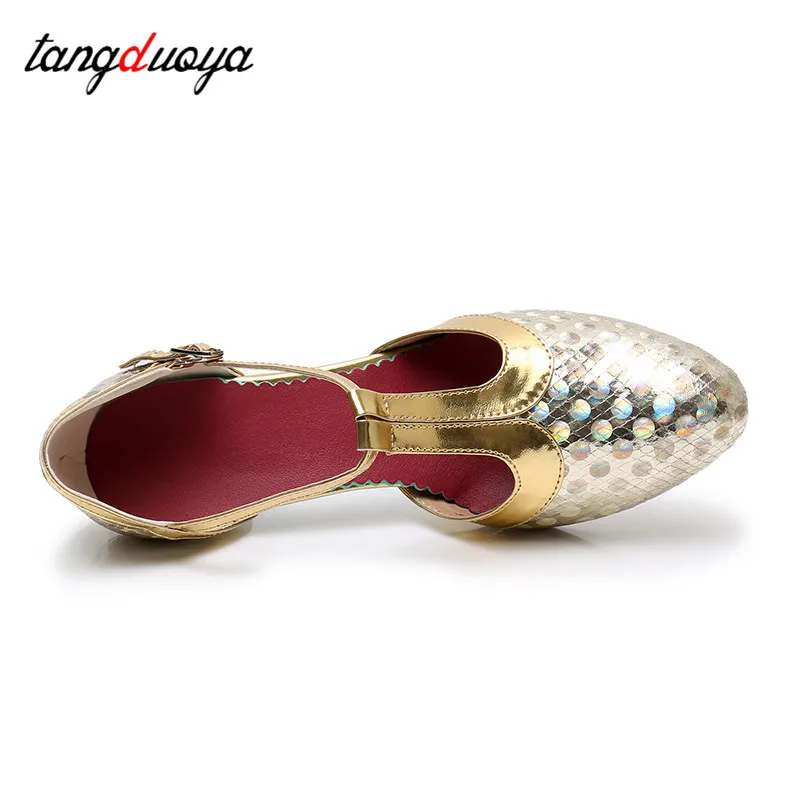 Sepatu dansa Salsa sepatu dansa Latin wanita sepatu dansa ujung tertutup Glitter hak tinggi 5.5cm sepatu dansa Tango Ballroom sandal perempuan wanita