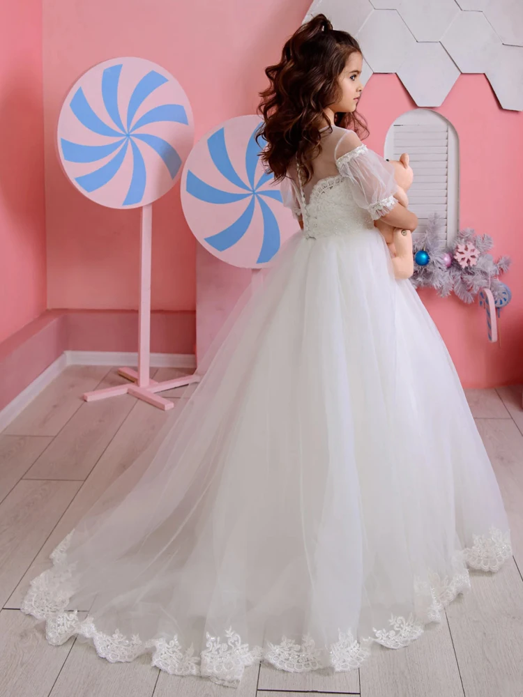 Vestido de flores blancas para niña, apliques de perlas de tul, manga corta para boda, cumpleaños, banquete, fiesta, vestidos de primera comunión