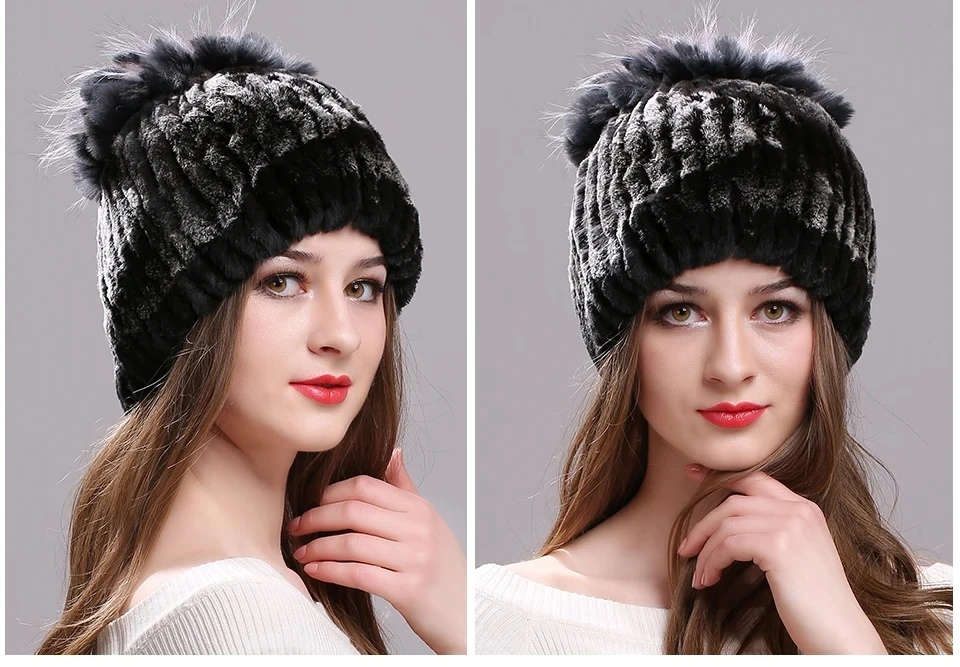 Strickmütze für Damen, 100 % echte Rex-Kaninchenfellmütze mit Blumen, Oberteile, warme, hochwertige Beanie-Damenmütze aus echtem Pelz für den Winter – Detail 40