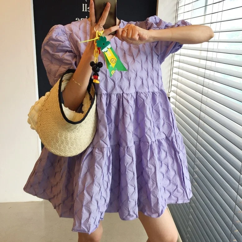 Sweet Summer Faion geplooide textuur Bubble Sve ort rok Dr. Koreaanse Sle Regular Fit vrijetijdskleding voor verschillende gelegenheden