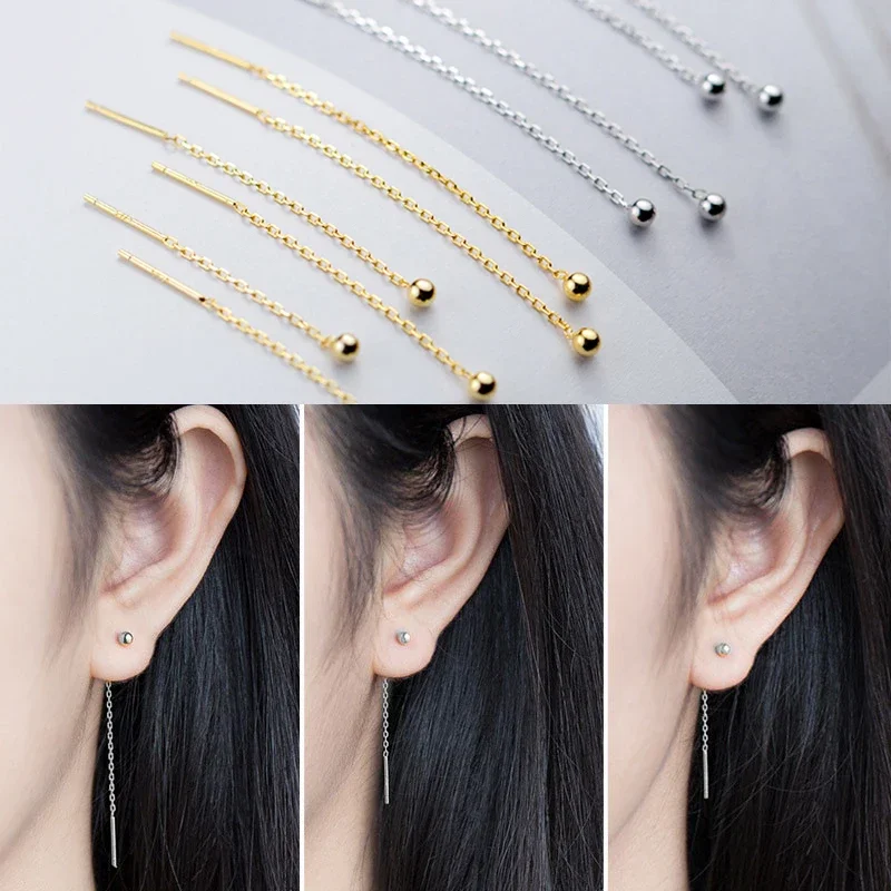 PONYKISS S925 Sterling Silver Women Commuting Fashion Tassel Round Bead Dangle Drop Earrings Party Chic Simple Accessory Gift