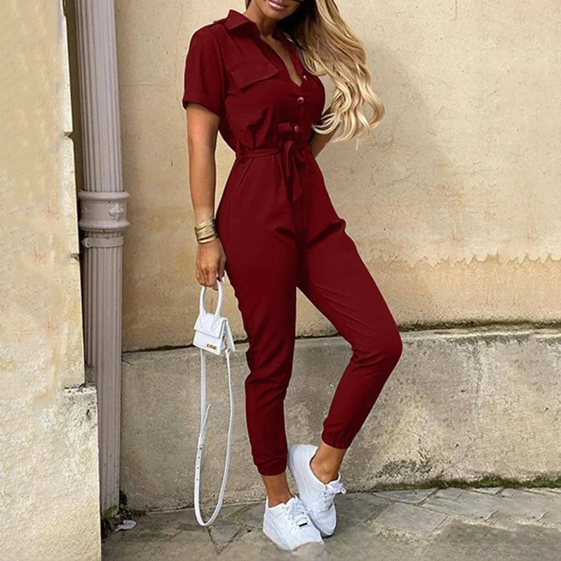 Mono de talla grande con cinturón, pantalones largos de cintura alta, ropa de trabajo para mujer, pantalones informales de fibra tejida con cuello vuelto