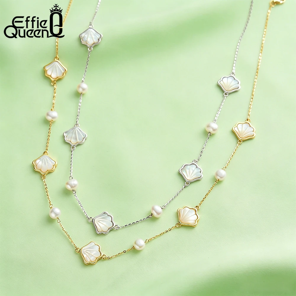 EFFIE QUEEN Natural Pearls Shell Pendant Necklace 925 Sterling Silver Shell Clavicle Chain Wedding Jewelry Accessories GPN86