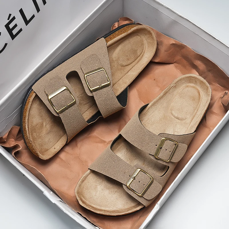 Zapatillas para hombre, soporte para arco, zapato de gamuza sin cordones, plantilla de corcho Crestar, sandalias Arizona para mujer, zapatillas de doble botón de Color sólido