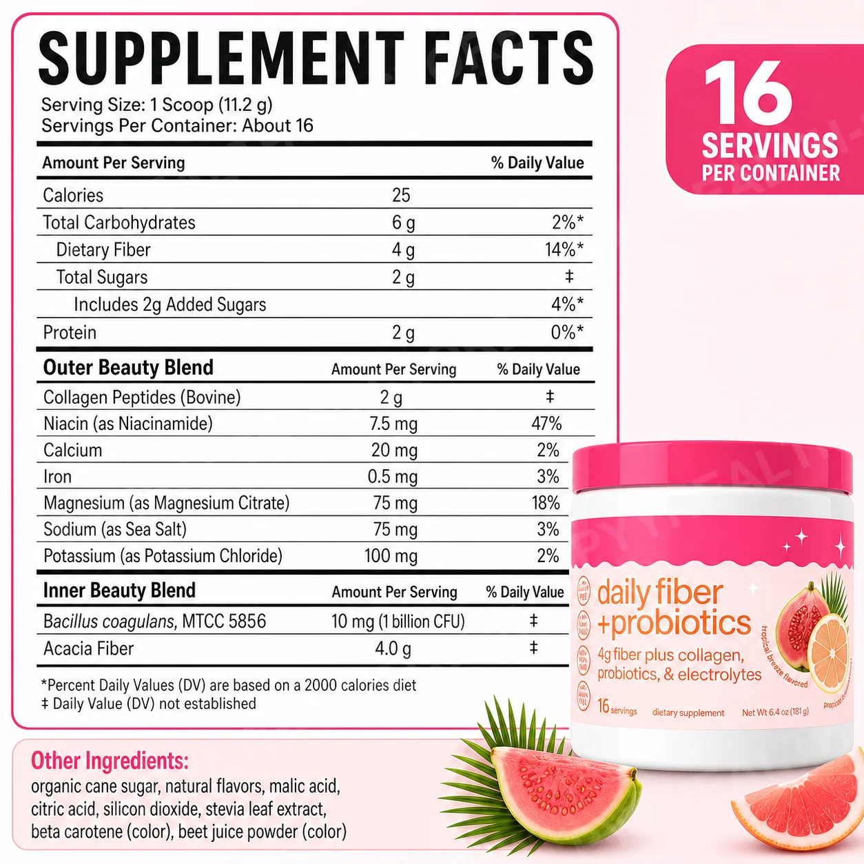 Daily Fiber + Probiotics Powder, Acacia Fiber, Collagen Peptides & Electrolytes, Tropical Breeze Gut & Skin Support, 16 Servings
