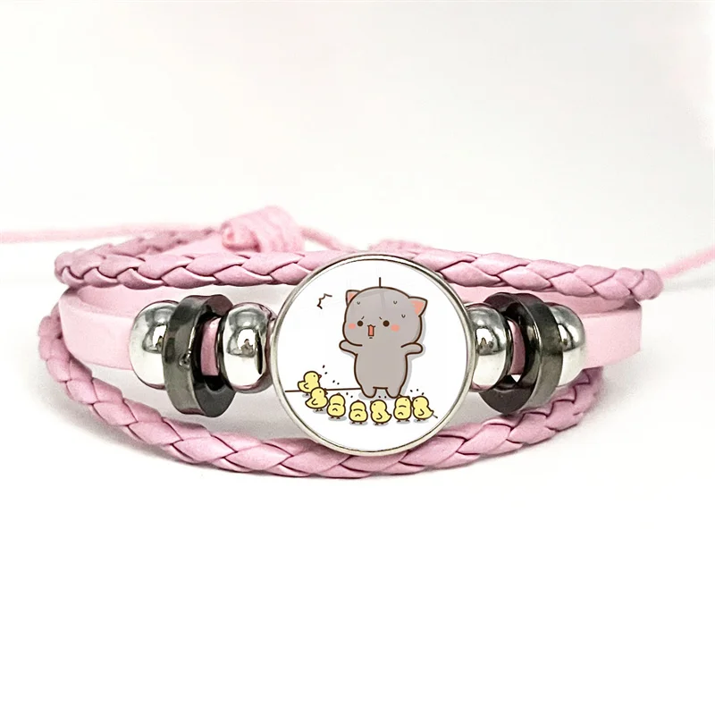 Pulsera de cuero rojo para pareja, brazalete multicapa con botón de cabujón de cristal, bonito gato Mitao rosa, regalo