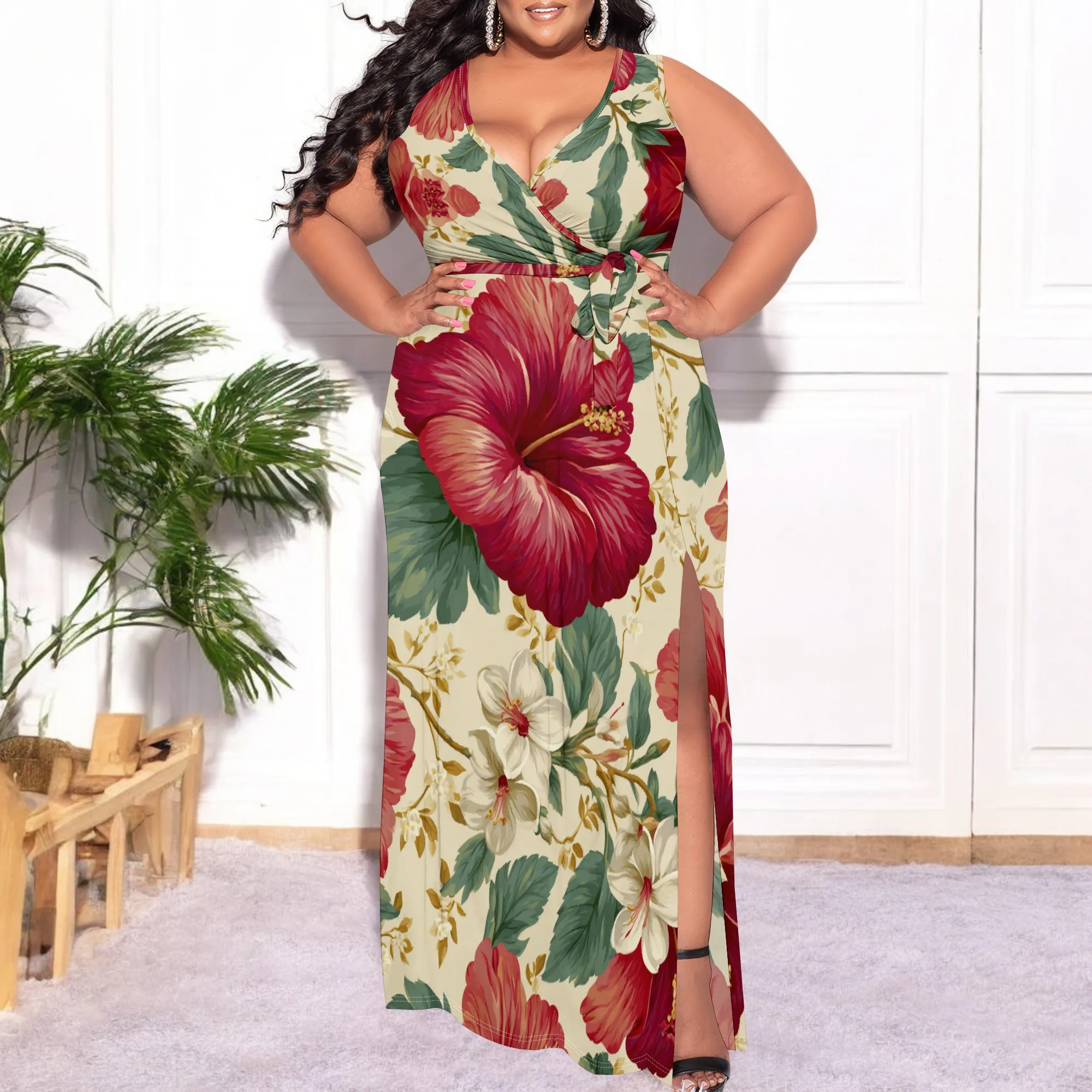 

Plus Size Women's Hawaiian Floral Print Maxi Dress Summer V-Neck Holiday Party Sundress with Slit XL-6XL