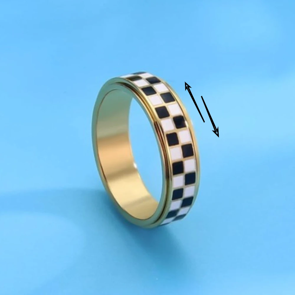 Classic Stainless Steel Black and White Checkered Ring Fashion Men Women Can Rotate To Relieve Pressure Checkered Rings Jewelry