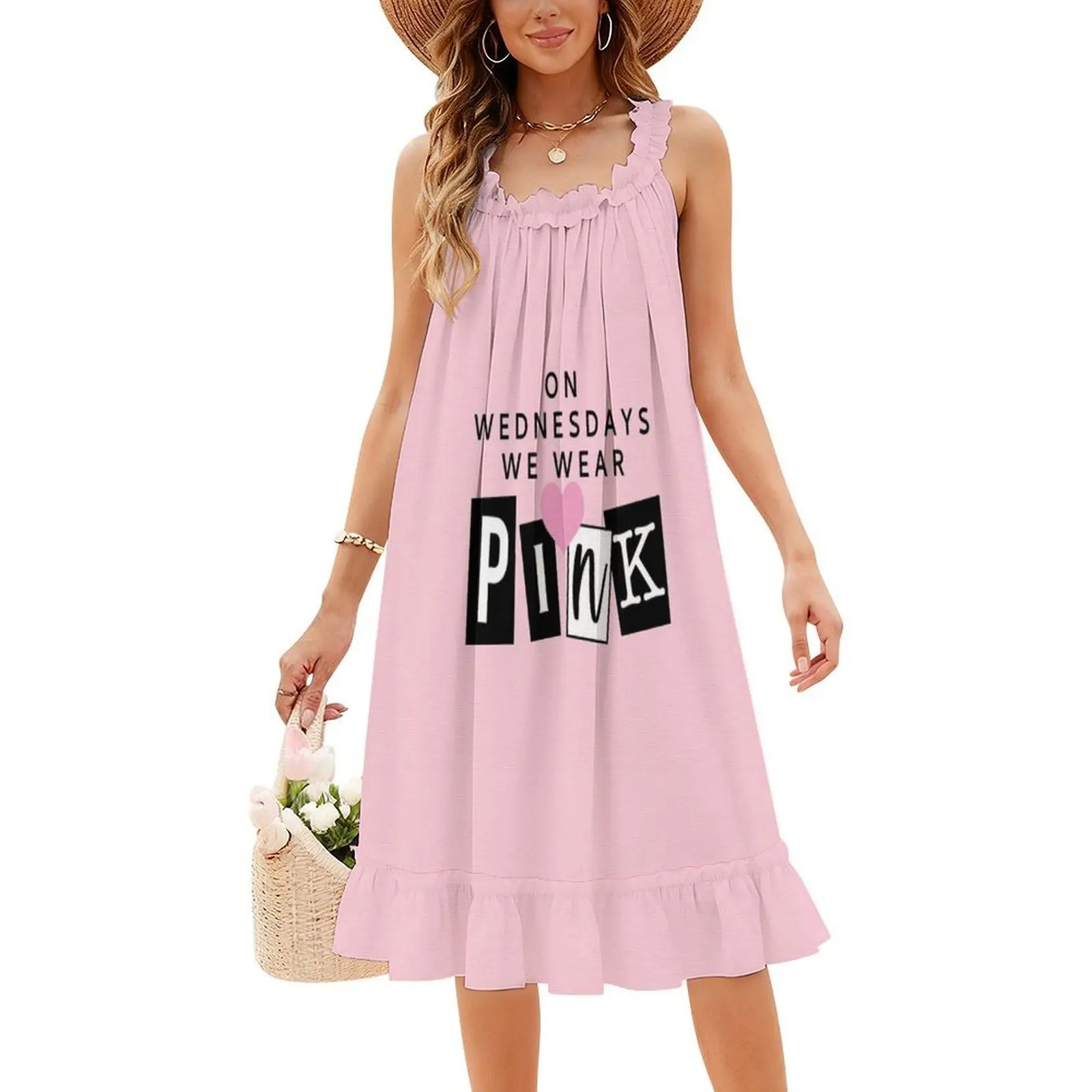 في الأربعاء نرتدي فستانًا بوهيمي وردي بدون أكمام متعدد الطباعات لحفلات عطلة الشاطئ فستان Meangirls يعني Preppy جميلًا #4