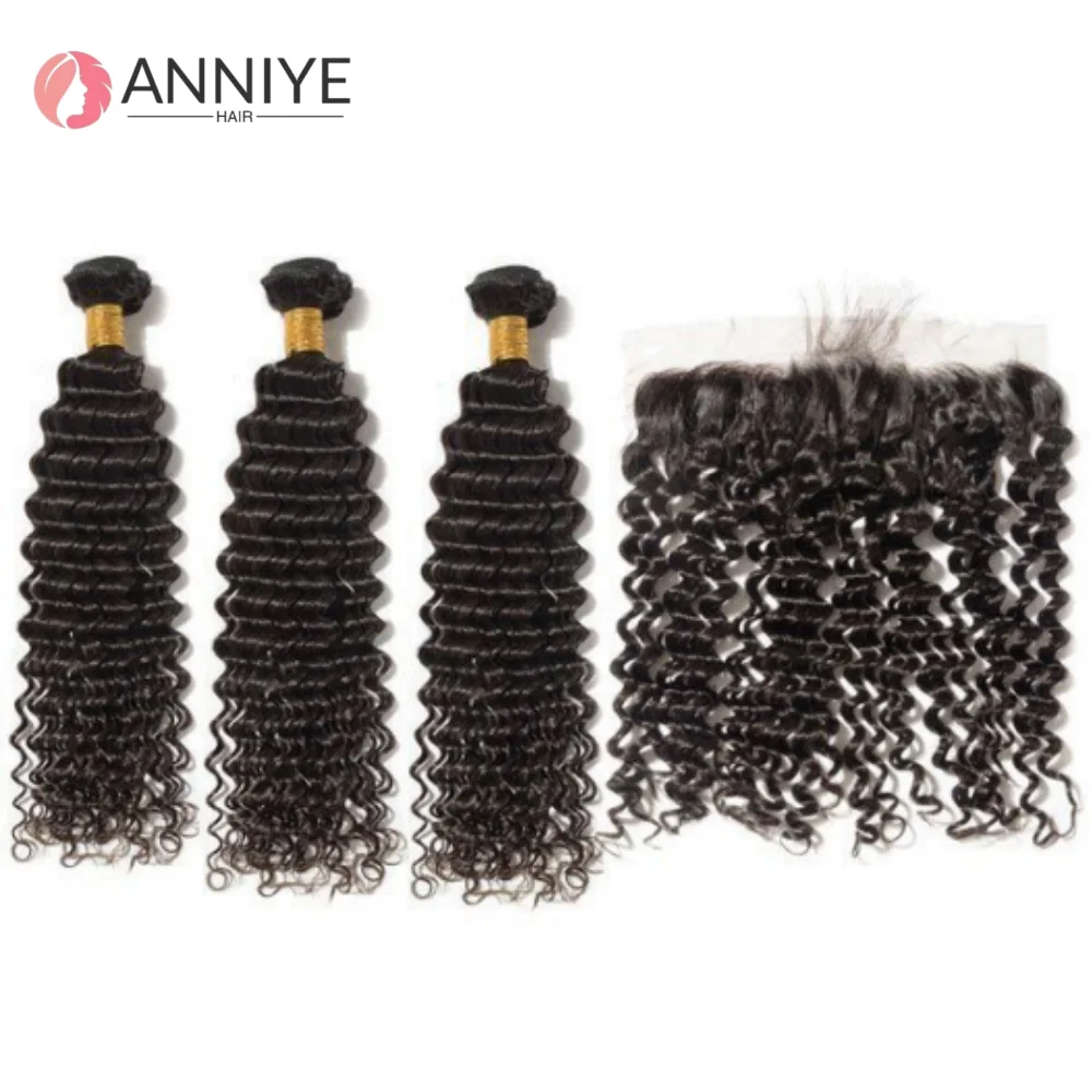 

Deep Wave 100% Human Hair 3 Bundles With 13x4 Lace Frontal Hair Weave For Black Women Bundles With Closure Hair Extensions 12A