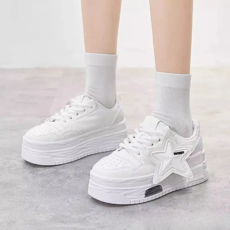 Trendy Women White Shoes Autumn Winter Star Thick Platform Cake Sole Casual Sneakers