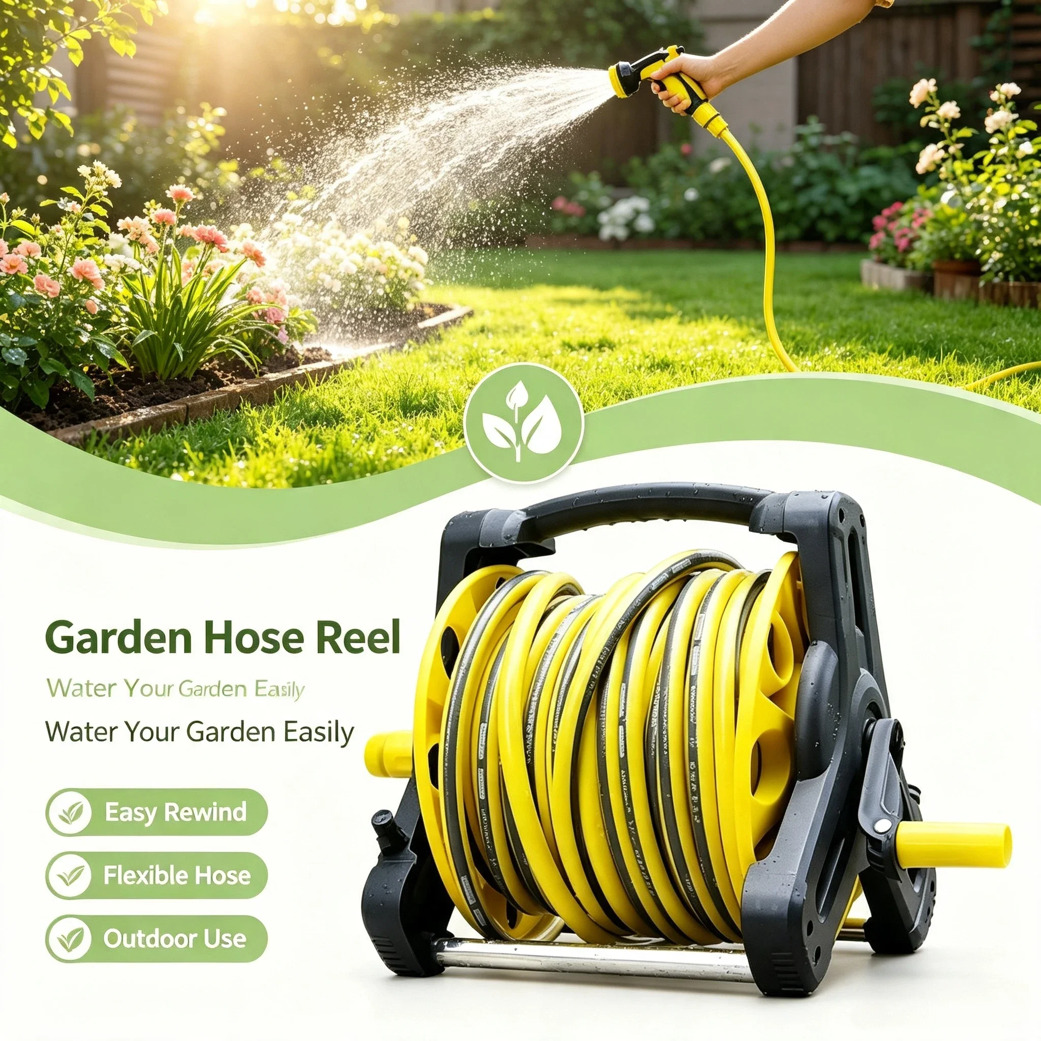 Household Outdoor Water Hose Reel with High Pressure Spray Water Gun for Car Washing Garden Lawn Plant Irrigation Watering Tool