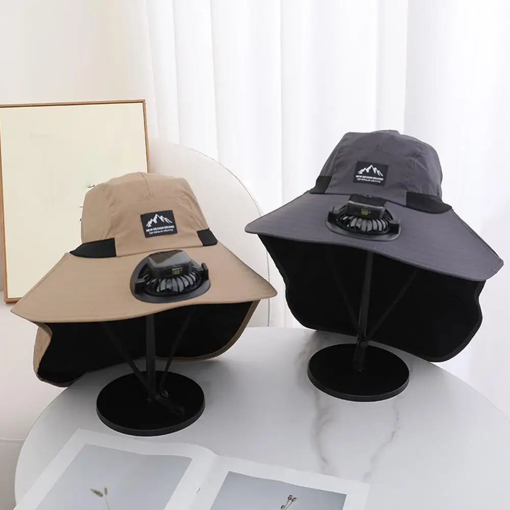 Adjustable Sun Hat With Built In Rechargeable Fan Neck Flap Full Face UV Protection Cooling Bucket Hat For Outdoor Labor