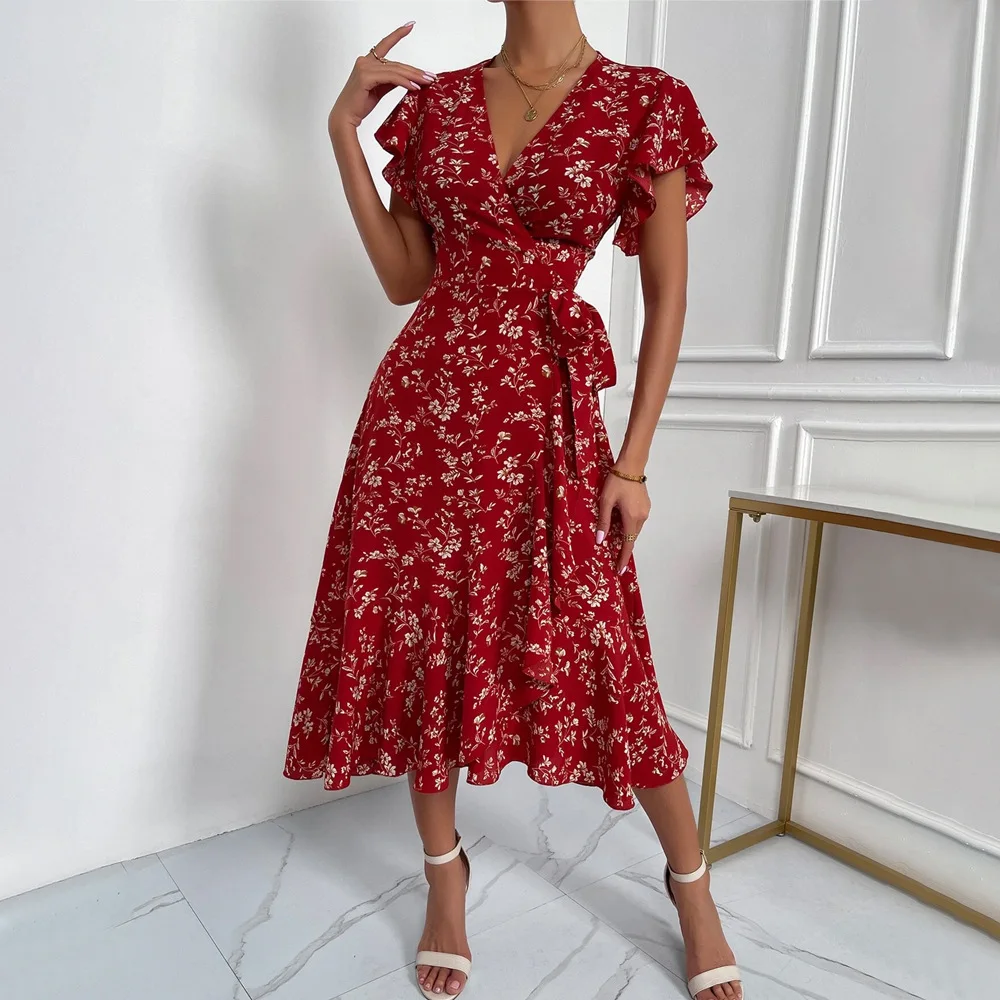 

Summer 2026 Sexy Deep V-Neck Lace-Up Floral Resort Long Dress Vintage Style Women Clothing L