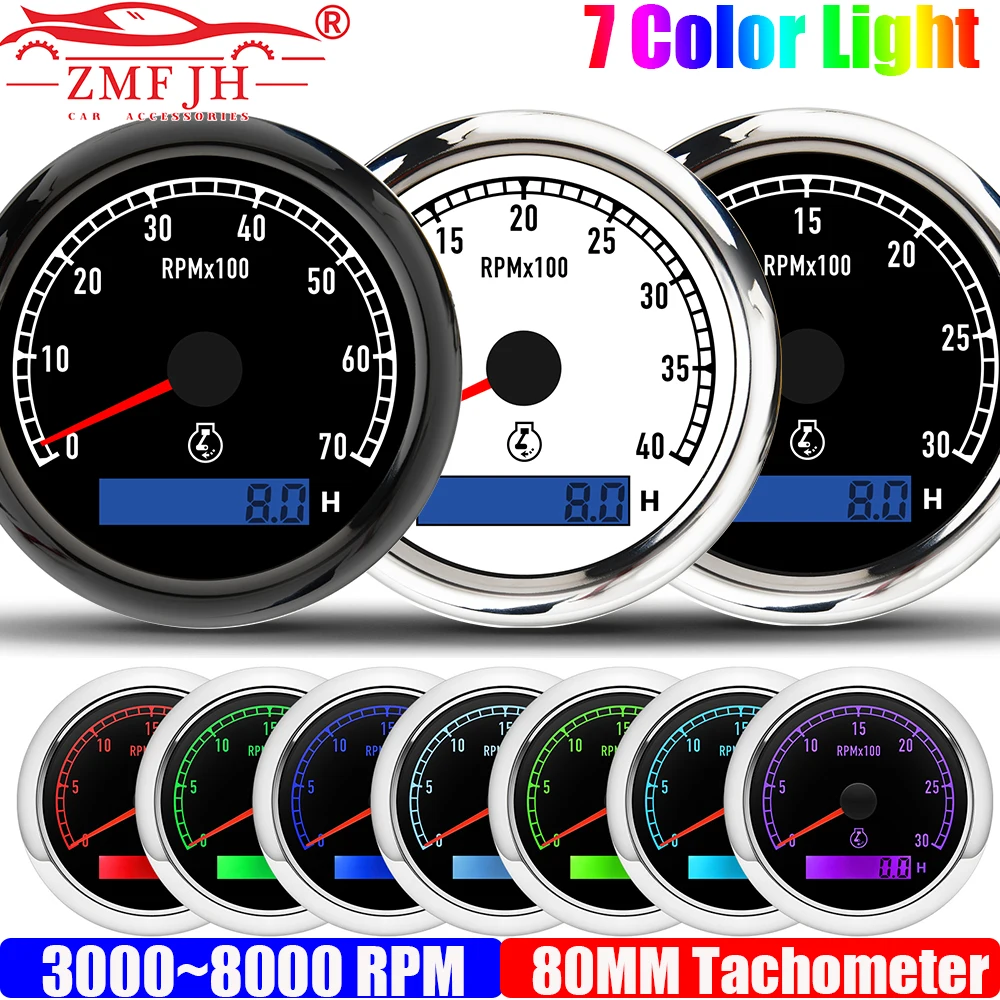 

ZMFJH 7 Color BackLight 80MM Tachometer for 4-12 Cylinder Auto Car Boat Yacht Waterproof 3000RPM,4000RPM,6000RPM,7000RPM,8000RPM