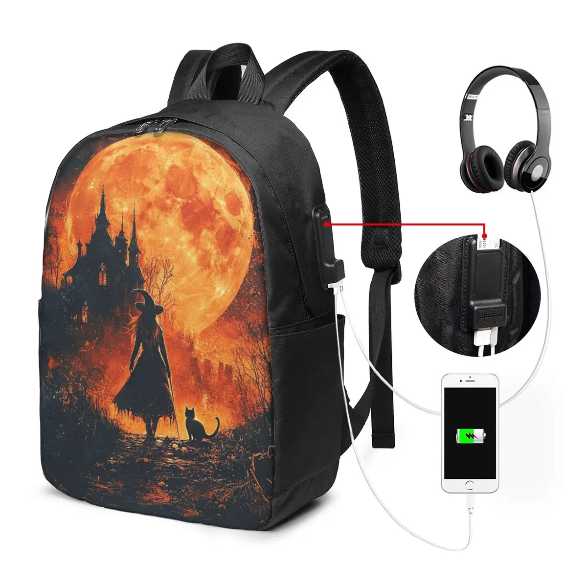 Witch And Cat Walking In A Small Alley Backpack Travel Notebook Bag Computer College Student School Bag Laptop Shoulder Bags
