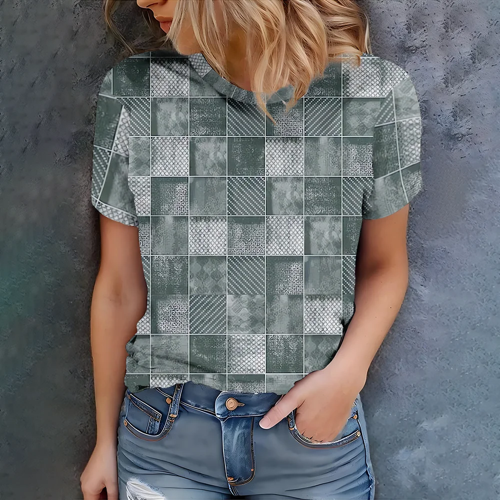 

Splicing Grid Design Women's T-shirt Comfortable Round Neck Fashion Green Style - Summer New Product in 2025
