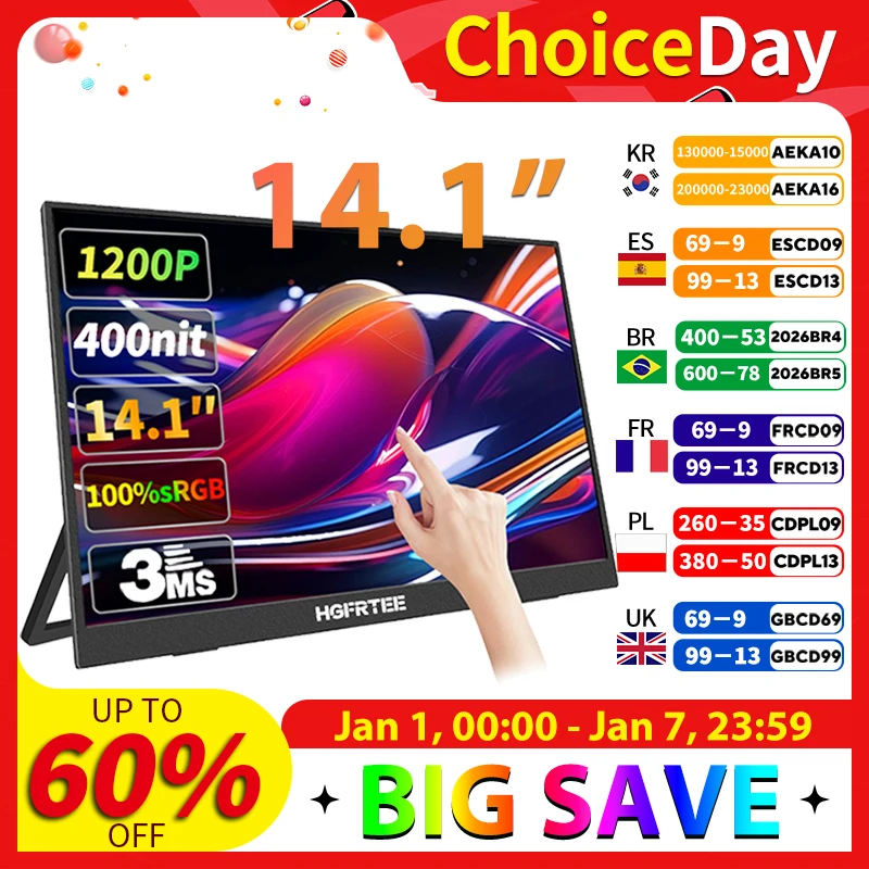 HGFRTEE affichage portable écran tactile 14 pouces écran tactile 10 points écran portable adapté pour ordinateur portable Mac Xbox PS4/5