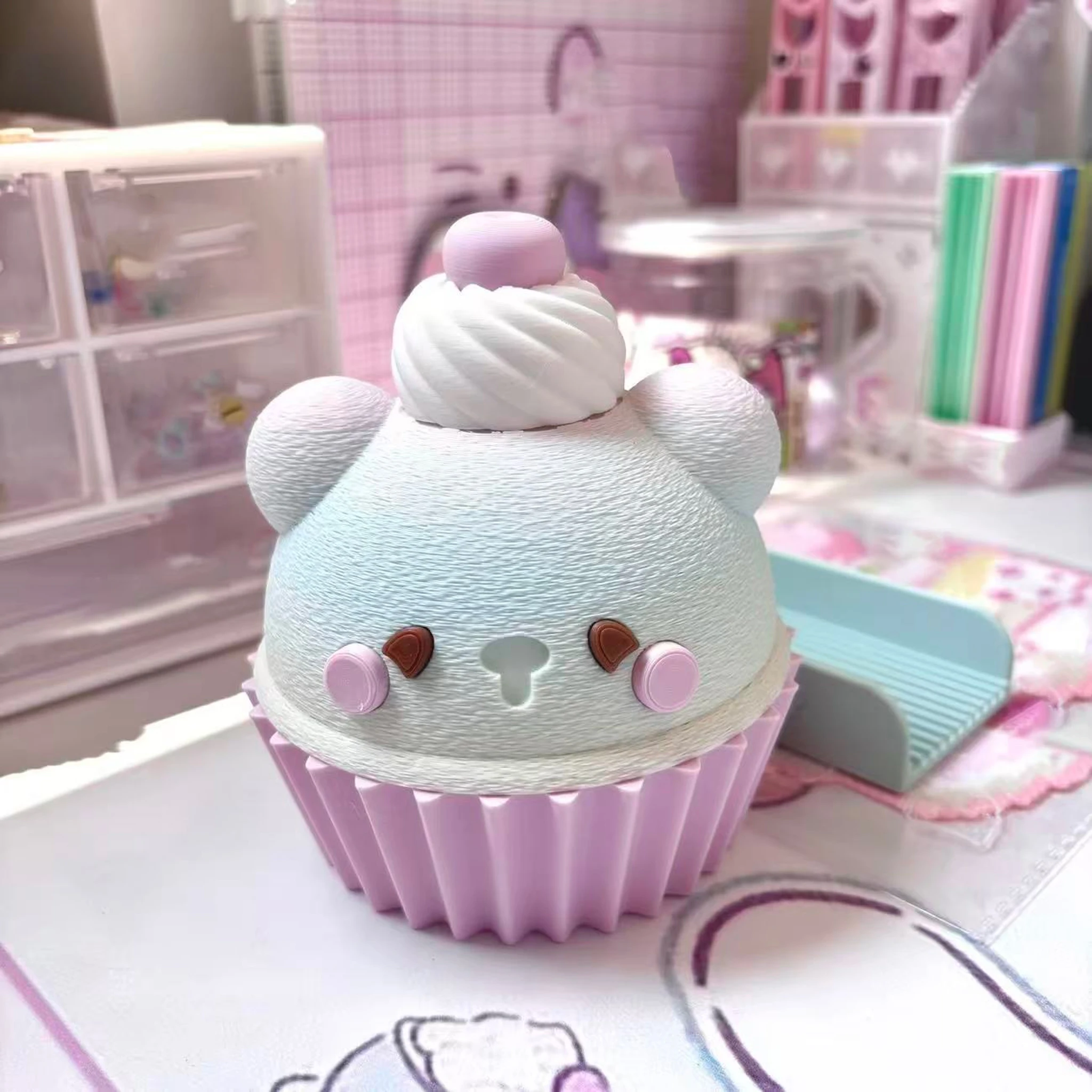 Cute Japanese Figurine Cartoon Bear Storage Box Cupcake Bear Pegboard Funnel Cute Cream Element Desktop Storage Room Decoration