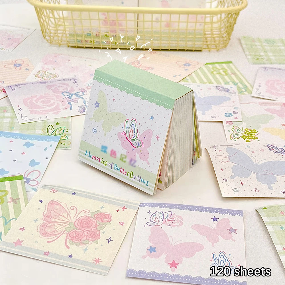 120 sheets Butterfly Memory Mini Student Memo Book, Square Colored Butterfly Rose Star chasing Collage Bottom Memo Paper