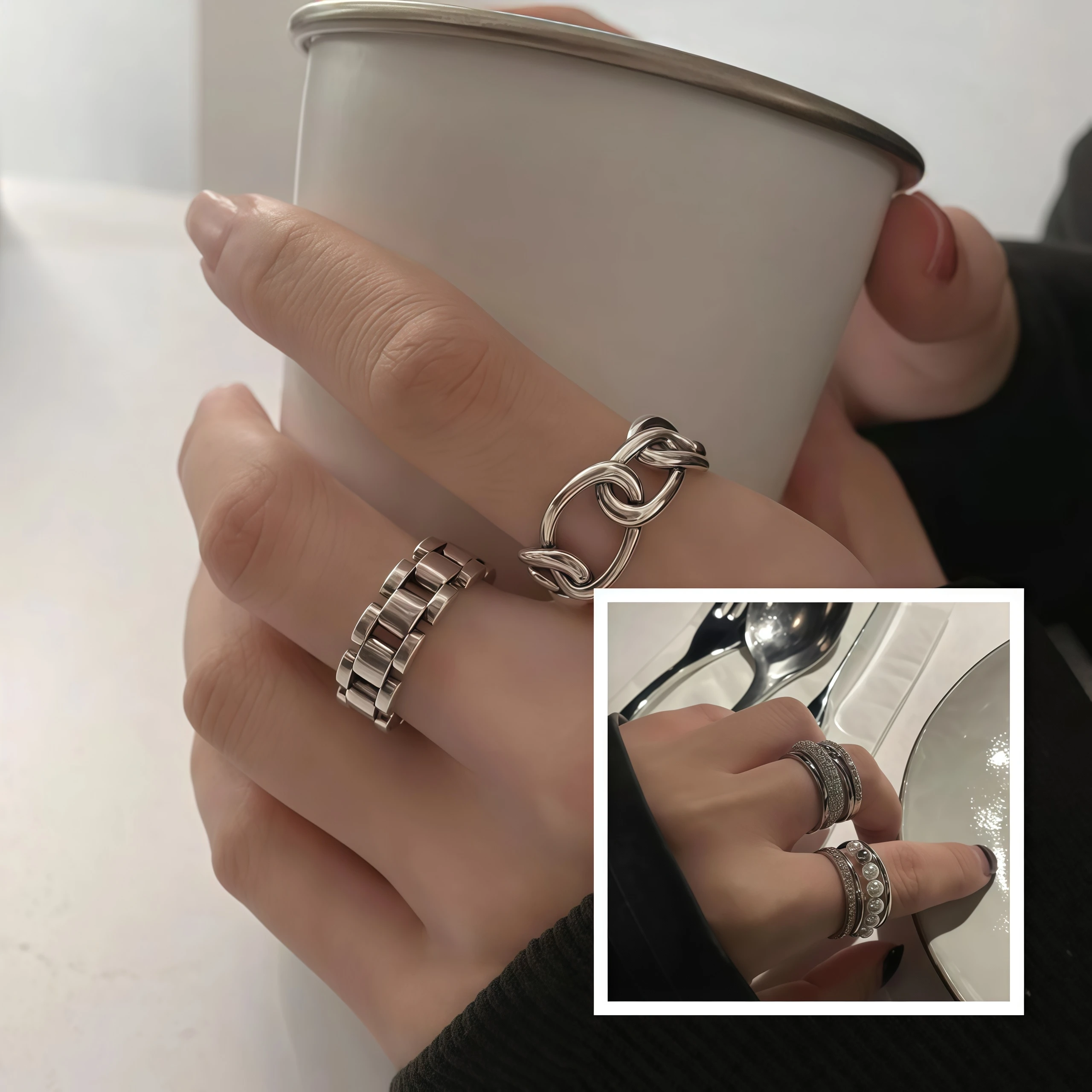 Premium Quality Silver Stackable Rings Set Pearl & Rhinestone Decorated Open Ring for Women Fashion Jewelry