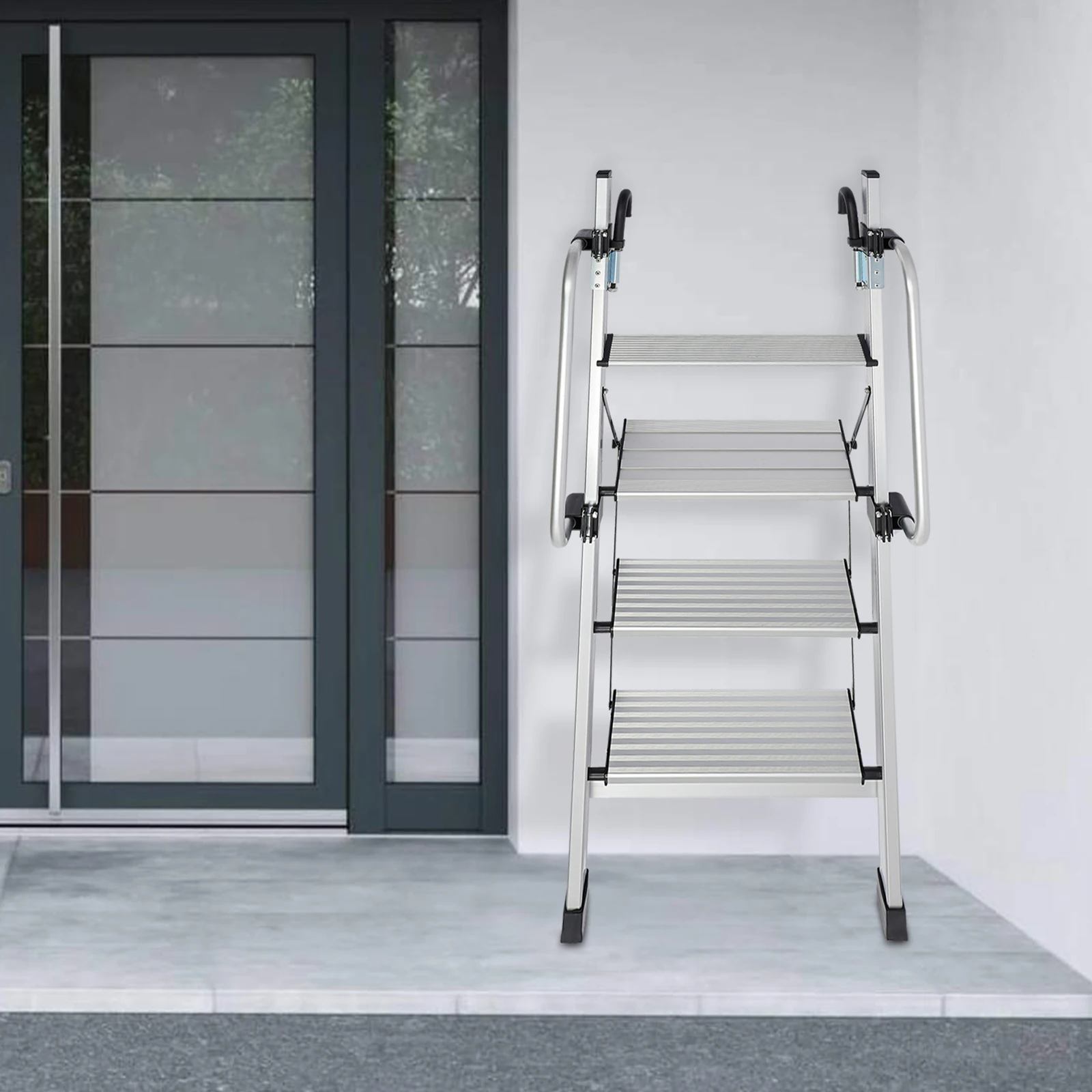 Stylish&Easy-Clean 4-Step Ladder - Silver Modern Design Blends Into Home Styles, Smooth Surface Wiped With Damp Rag