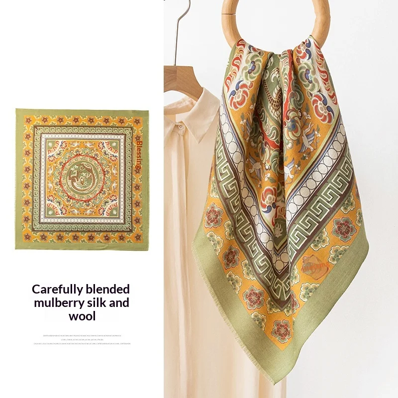 

Mulberry silk wool scarf 2025 women's new printed small square scarf spring and summer thin neck protection