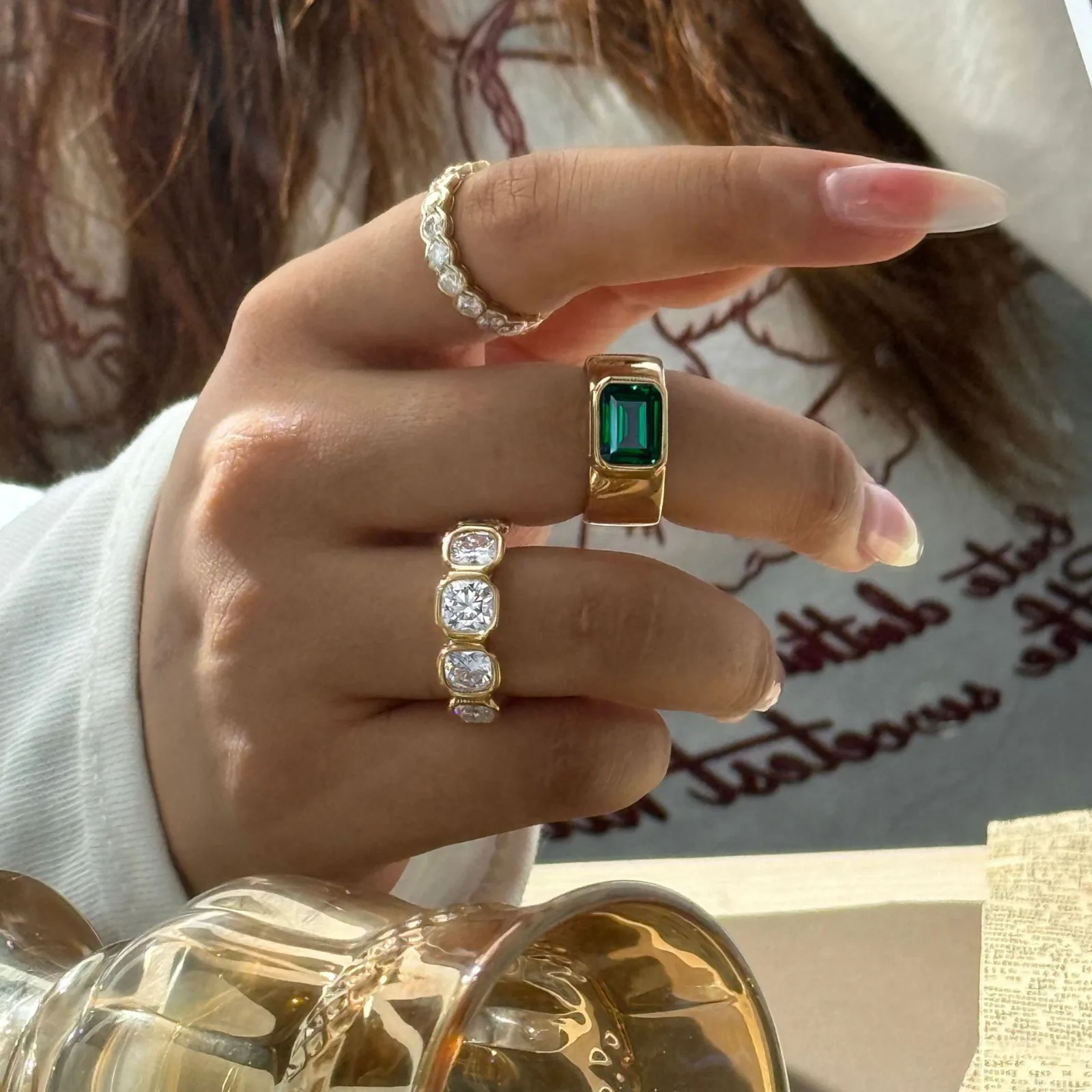 MUSHAN Luxury S925 Sterling Silver Plated 18k Gold Ring Women's Fashion 1 Carat Moissanite Stacked Wearing Row Ring