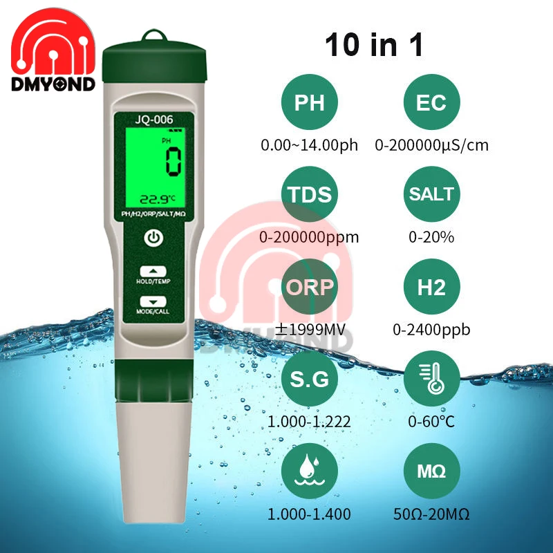 

High Quality PH Meter 10 in1 TDS/Temp/EC/H2/ORP/S.G Water Quality Tester Pen Conductivity Detector Monitor Purity Measure Tool