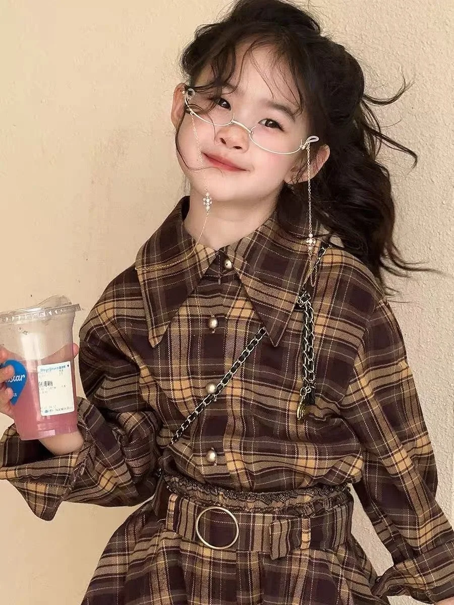 Girl's Autumn and Spring Style Suit Collar Long Sleeve Checkered Shirt Korean Flower Bud Shorts Pants Kids 2 Piece Set