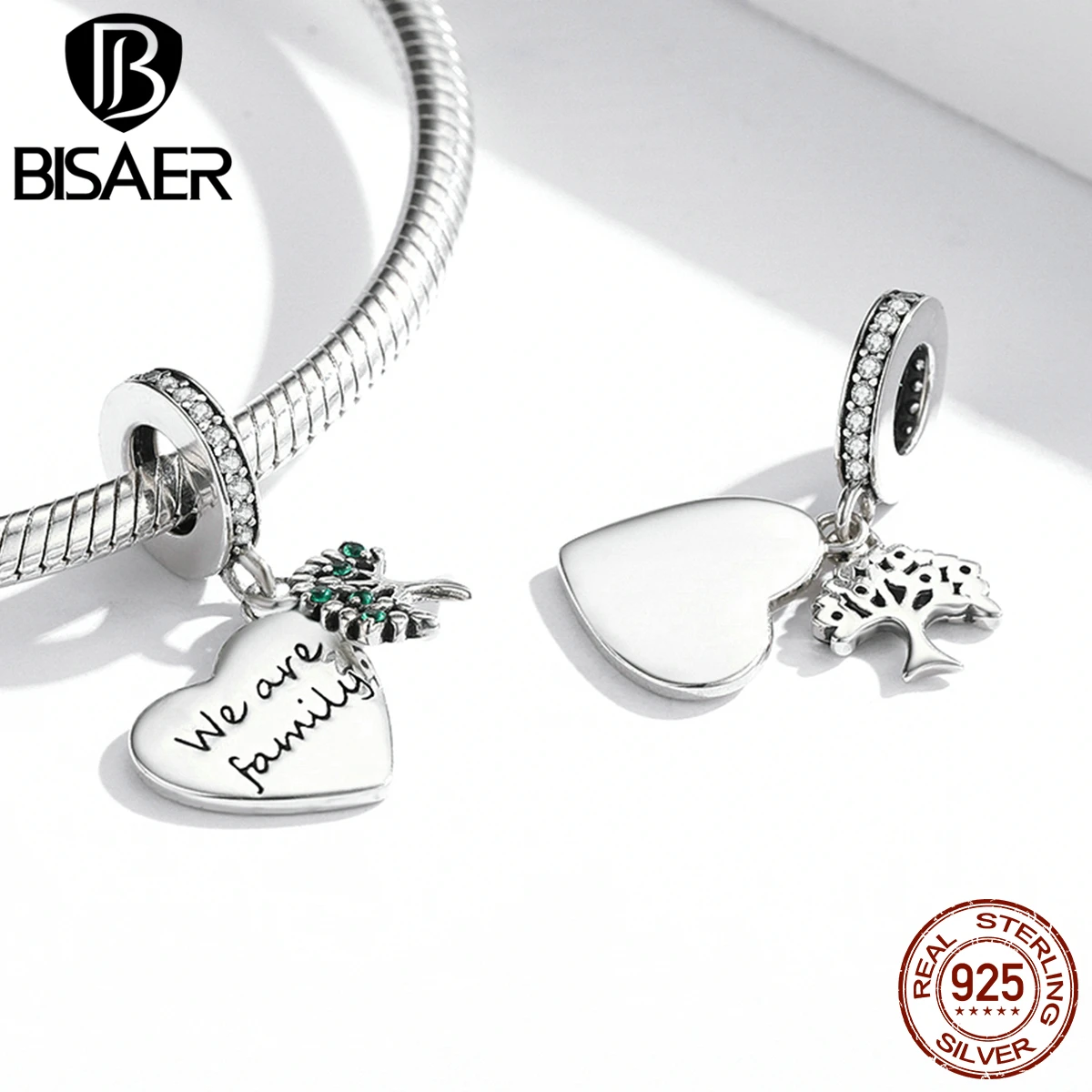 BISAER Real 925 Sterling Silver life Tree Charm Bead Heart-shaped Pendant Fit Women DIY Bracelet Necklace Fine Jewelry ECC2104