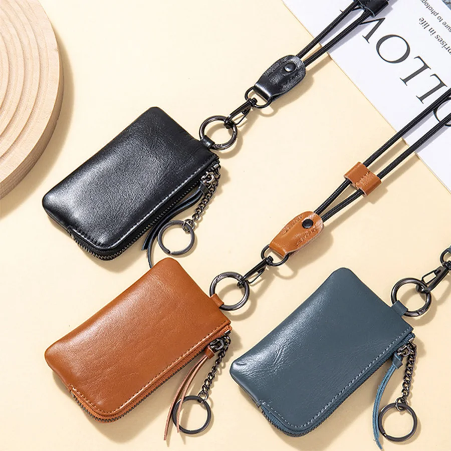 WERLLANDS PU Leather Lanyard Multi-Color Zipper Key Pouch Card Holder Coin Purse