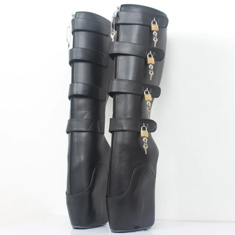 CACA Women Knee High Ballet Boots,18cm Wedges Heelless,Men Slave Dance Shoes,Padlocks Stage show Long Botas,Custom Colors,