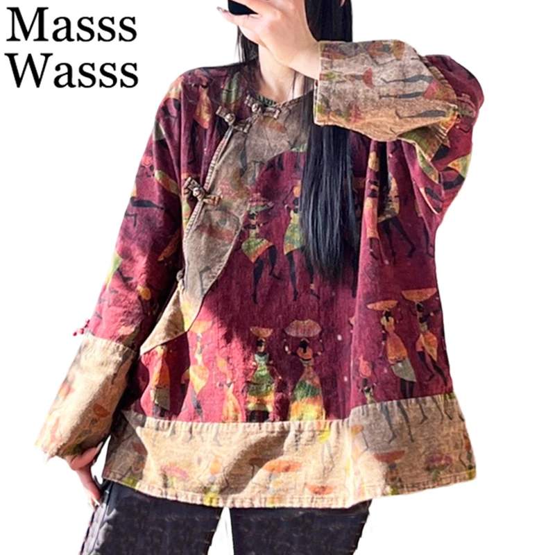 

Masss Wasss Chinese Design Classic Vintage Tops Ladies Spring Fashion Patchwork Tee Shirts Womens Leisure Loose Luxury Clothes