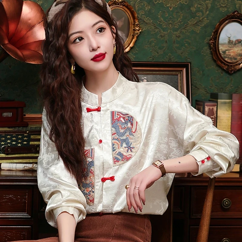 Ethnic Style Chinese Embroidery Horse Face Shirt for Women 2025 Retro Chinese Style Button up Collar Jacquard Long Sleeved Shirt