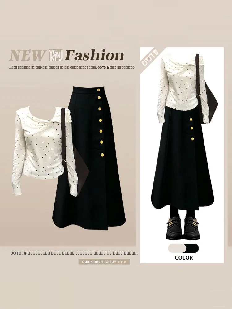 

Korean Hong Kong Wave Dot Long Sve Pleated Midi Skirt Two Piece Set High Waist Long Dr Spring Faion Ensemble