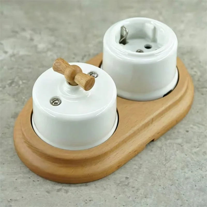 Retro Wooden Base for Ceramic Wall Switch and Socket Vintage Round Wood Frame 1/2/3 Gang Box Homestay Cafe Decorative Wall Plate