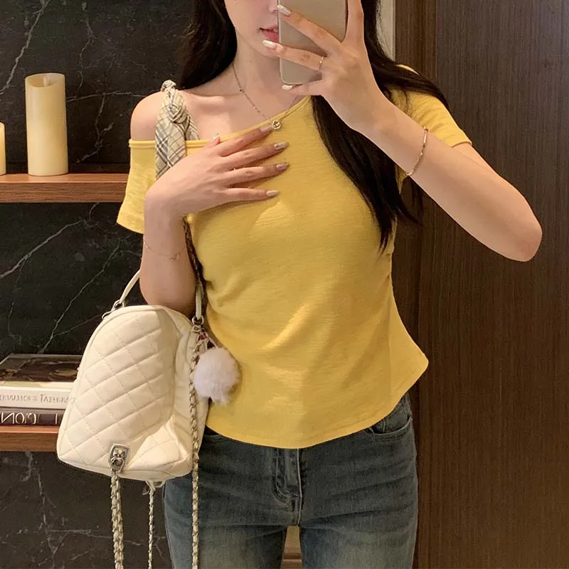 

plus Size Summer T-Shirt Shoulder Bared Plaid Splicing Short Sleeve Women's Korean Style Skin-friendly Breathable Casual Top