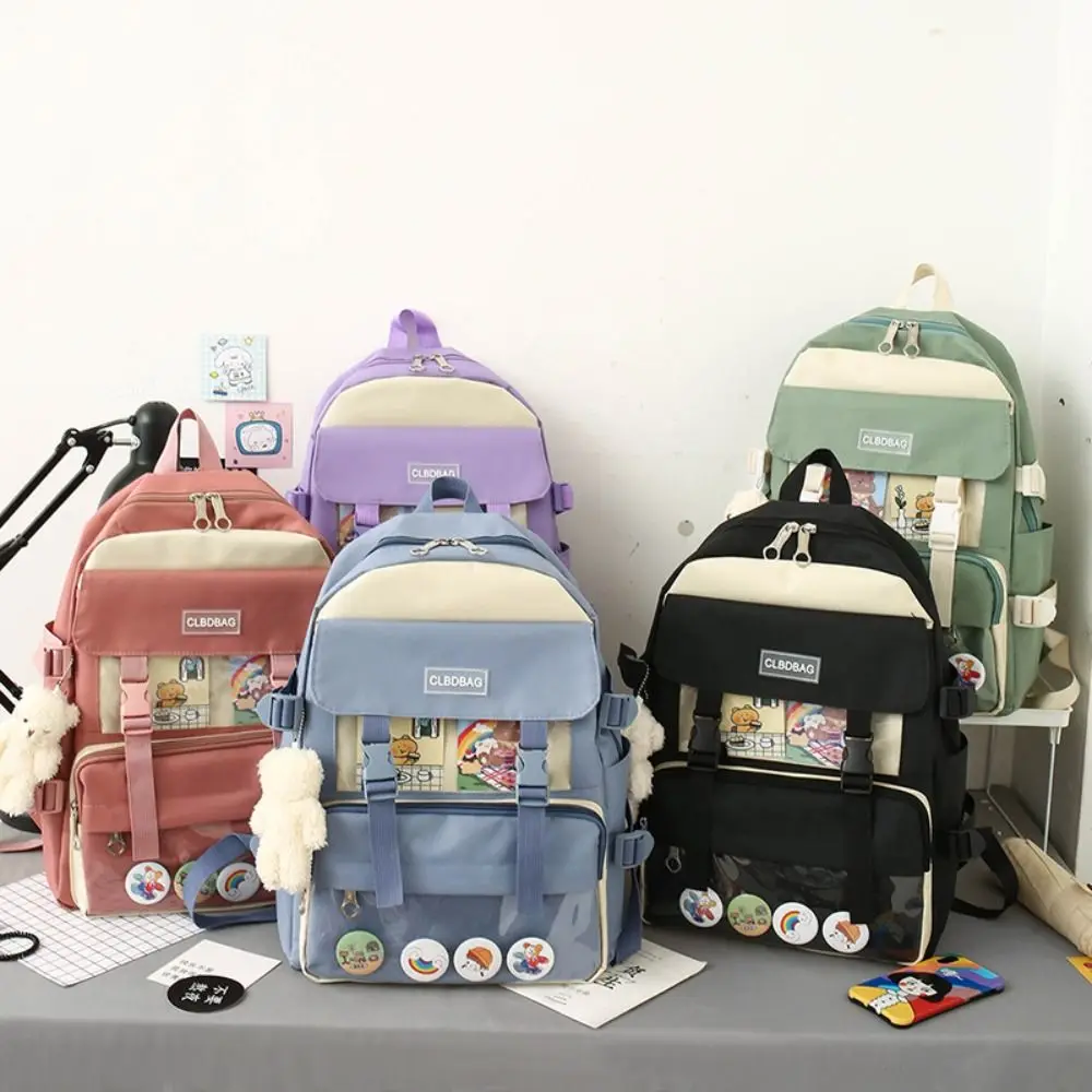 Leisure Nylon Large Capacity Bags Simple Commute Badge Shoulder Backpack with Pendant Canvas Korean Style School Bag Kids