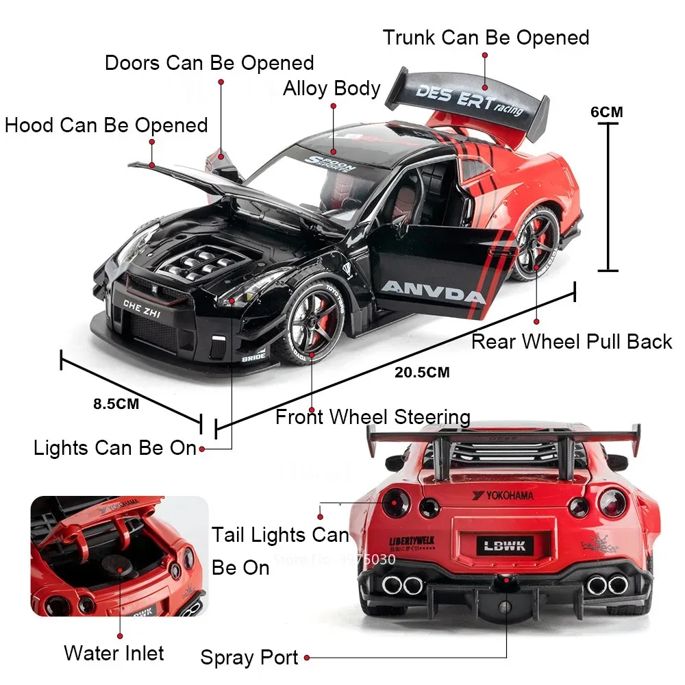 รถโมเดล GTR อัลลอยด์ไดแคสต์ สเกล 1:24 ของเล่นรถสปอร์ตขนาดเล็กแบบดึงหลัง มีไฟและเสียง เหมาะสำหรับเป็นของขวัญวันเกิดเด็กผู้ชาย