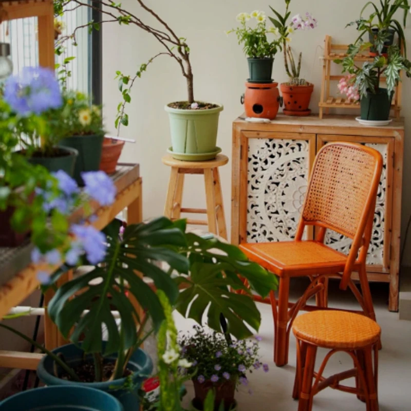 Rattan Armchair for Elderly Wicker Single Leisure Chair for Balcony Rattan Small Back Chairs Vintage Natural Relaxing Cane Seat