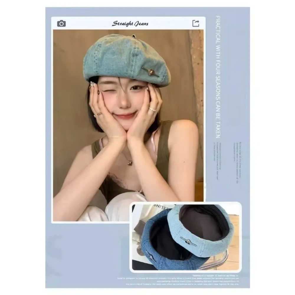 Adjustable Beret Hat Brimless Design with Metal Heart Painter Hat Large Head Circumference Breathable Washed Denim Octagonal Hat
