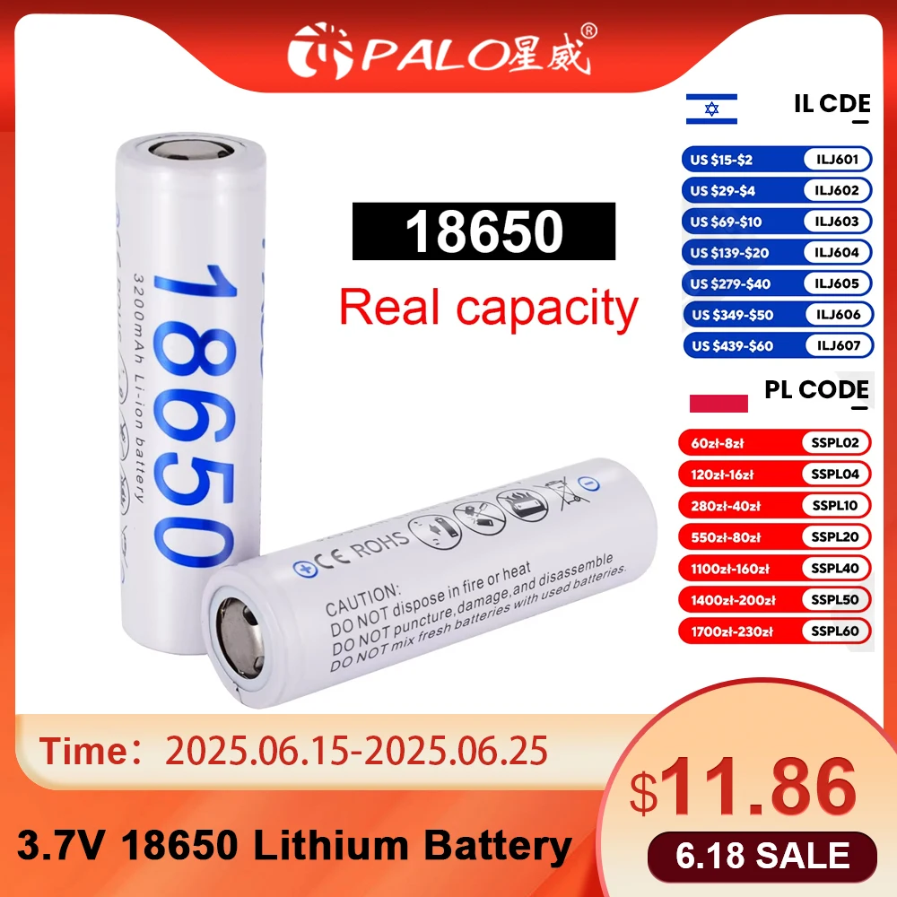 PALO 3.7V 18650 Lithium Rechargeable 18650 Battery 100% Original NCR18650B 3.7v 3200mah 18650 battery For Flashlight batteries