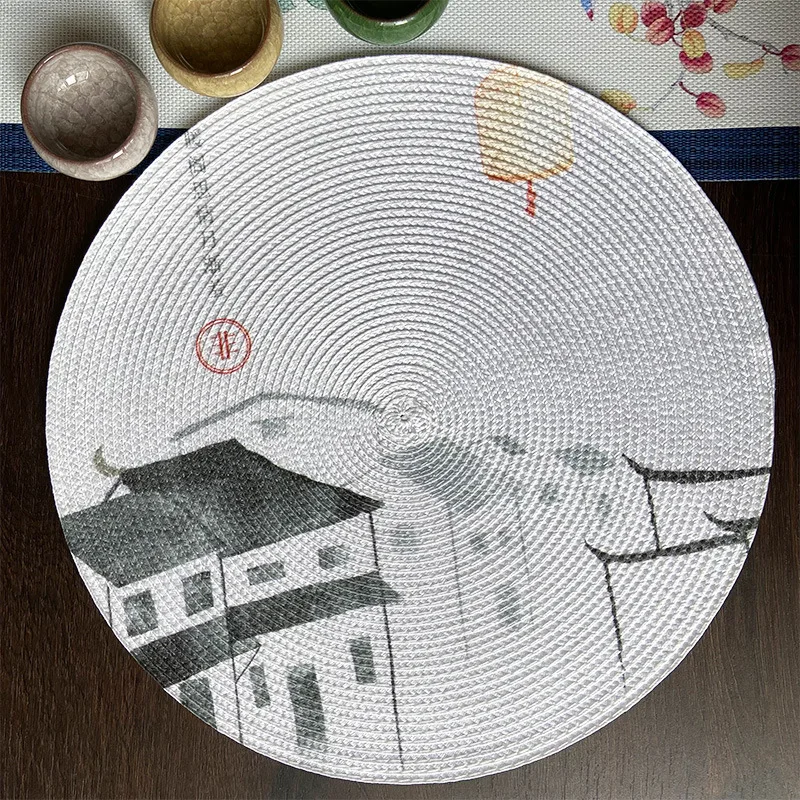 Round Table Mat Woven Chinese Print Placemats Anti Slip Dining Table Mats Non-Slip Tableware Bowl Pads Kitchen Drink Cup Coaster